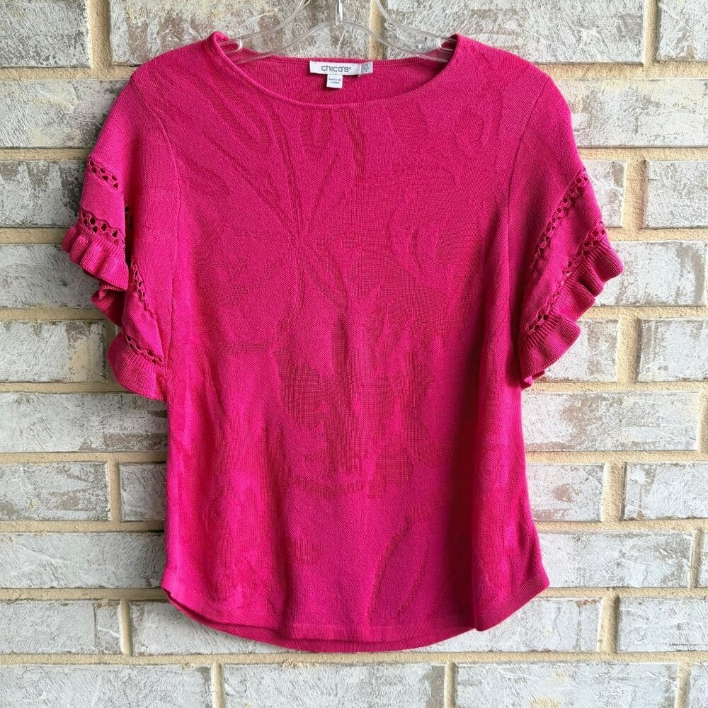 Chico's Ruffled Short Sleeve Round Neck Textured Stretch Pink Blouse  Size 0 (S)